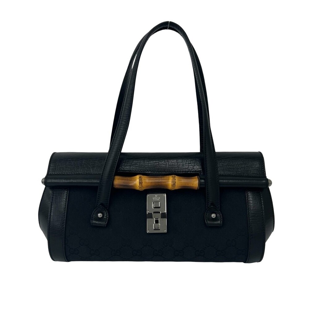 GUCCI Old Gucci Bamboo GG Logo Leather Canvas Handbag Semi-Shoulder Bag Black...